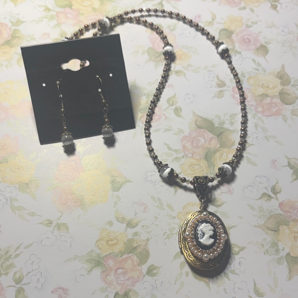 Elegant Locket Bronze and White Cameo Necklace and Earring Set